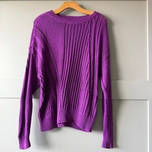 Lauren Ralph Lauren Cable Knit Sweater XL Purple Cotton Crewneck Ribbed NEW $145